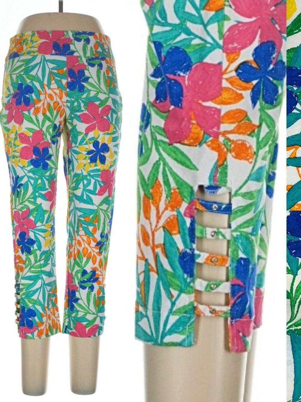 Attyre Woman 10X23.5 ”L Stretch PullOn Capri Pants Caroline Rhinestone Floral